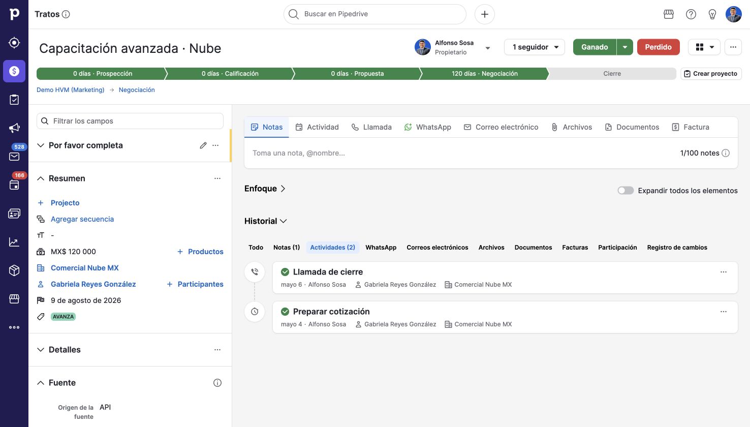 Consultar actividades completadas. Pipedrive en una cuenta de demostración.